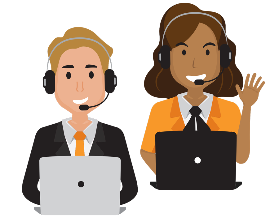 Two cartoon customer service agents with headsets and computers
